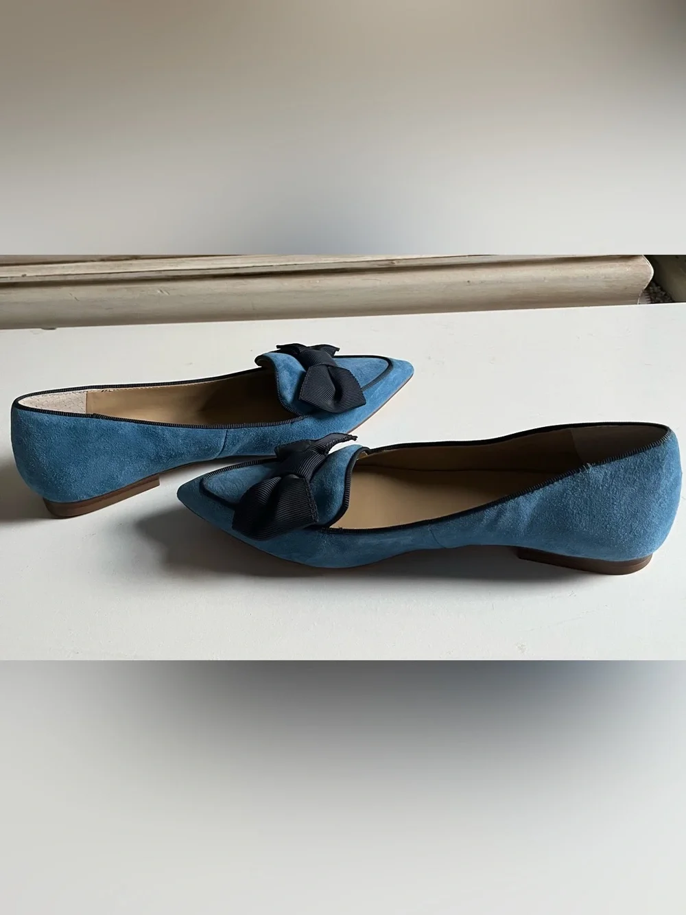 Ann Taylor Ziggy Suede Slip On Ballet Flats Blue Black Ribbon Size 6.5M